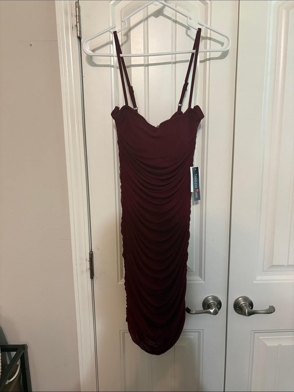 Teeze Me Burgundy Ruched Midi Dress with Spaghetti Straps
